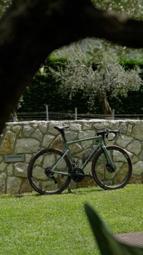 a bike parked next to a stone wall at Residence Verdeblu in Arco