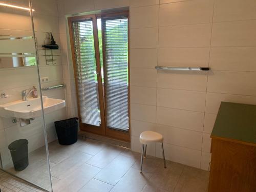 a bathroom with a sink and a glass shower at Ferienwohnung Durst 1 in Mayrhofen