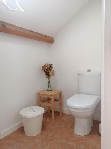 a bathroom with a toilet and a vase on a table at A Casa da Vila in Alcochete
