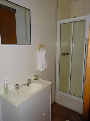 a bathroom with a sink and a shower at Caseys Beach Holiday Park in Sunshine Bay
