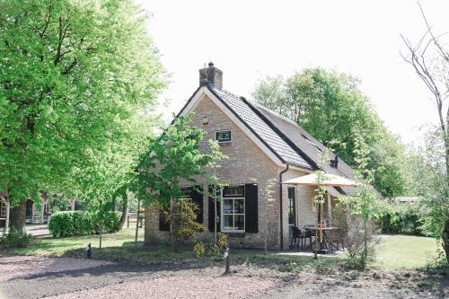 a brick house with an umbrella in the yard at Landhuisje in Hoogersmilde
