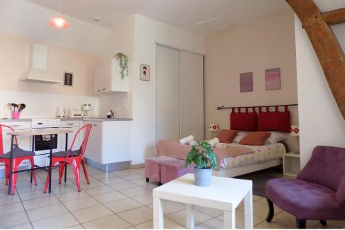 Il dispose d'une cuisine et d'un salon avec un canapé et une table. dans l'établissement Studio Revy 3 - Coeur de Ville, à Néris-les-Bains