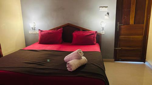 a bedroom with a large bed with red pillows at Cliff Bay in Varkala
