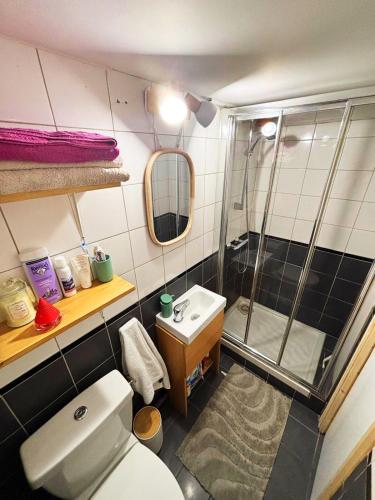 une petite salle de bain avec toilettes et douche dans l'établissement Central Paris Stay with Exceptional Comfort, à Paris