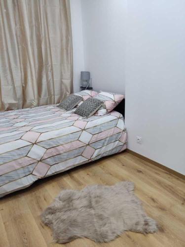 une chambre avec un lit et un tapis au sol dans l'établissement Appartement cosy, à Saint-Étienne