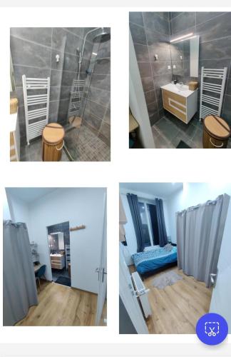 - deux photos d'une salle de bains avec douche et lavabo dans l'établissement Appartement cosy, à Saint-Étienne