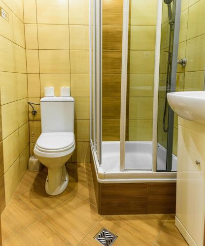 a bathroom with a toilet and a shower and a sink at Willa Patryk in Zakopane