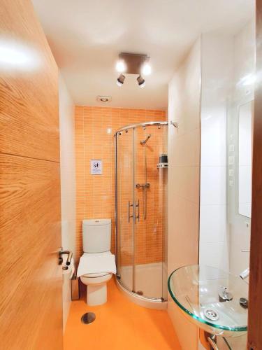 a bathroom with a toilet and a glass shower at Modern duplex in downtown Cambados in Cambados