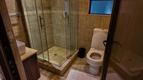 a bathroom with a shower and a toilet at Ondjo Yetu in Benoni