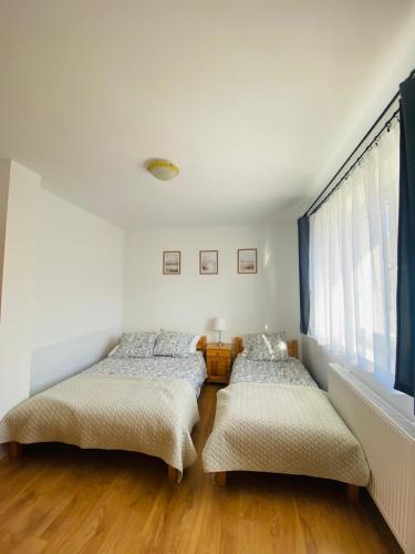 a bedroom with two beds and a window at Apartamenty Gawędówka in Krościenko