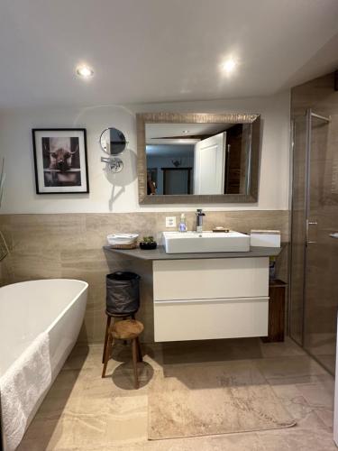 a bathroom with a sink and a tub and a mirror at Chalet-Simmi in Wimmis