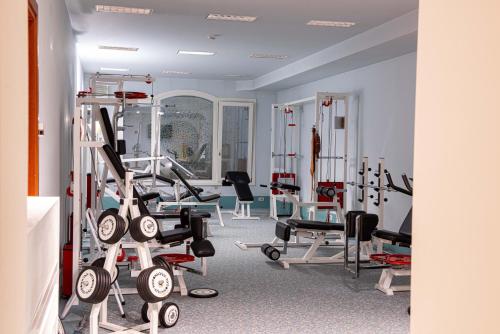a gym with treadmills and machines in a room at Phi Hotel Astoria in Susegana