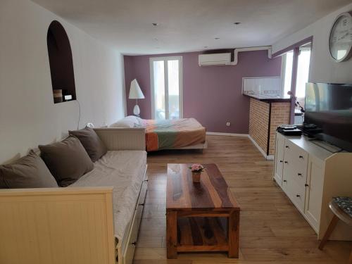 un salon avec un canapé et un lit dans l'établissement Appartement 50m2, à Agde