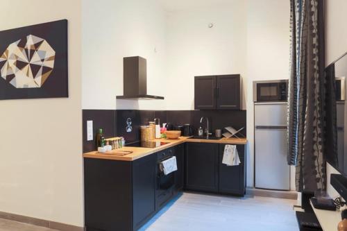 - une cuisine avec des armoires noires et un réfrigérateur blanc dans l'établissement Suite Gambetta Cosy et Design, à Lyon