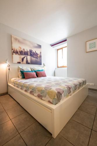 une chambre avec un grand lit dans une pièce dans l'établissement Le cocon des Monts d'Or, à Saint-Germain-au-Mont-dʼOr