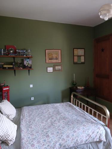 a bedroom with a bed in a green wall at Chez Solange et Paul in Mézos