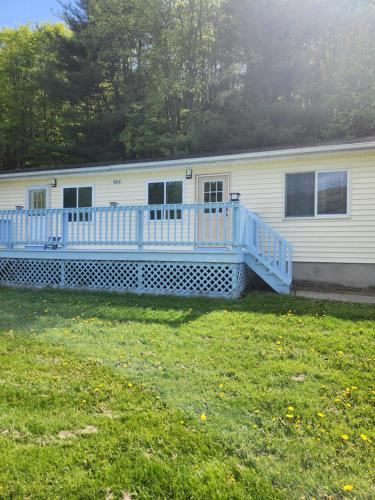 a mobile home with a blue deck in a yard at Countryside Comfort in Willseyville