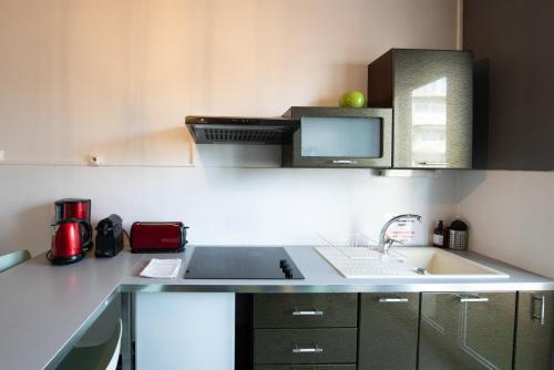 une petite cuisine avec un évier et un micro-ondes dans l'établissement Le Saint Mo' - Joli appartement tout confort au coeur de Monplaisir, à Lyon