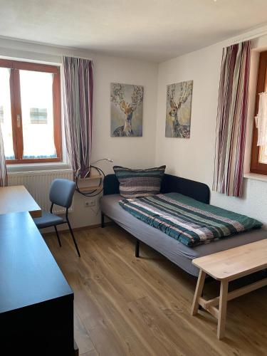 a bedroom with a bed and a desk and a table at Hofgut Homboll in Hilzingen