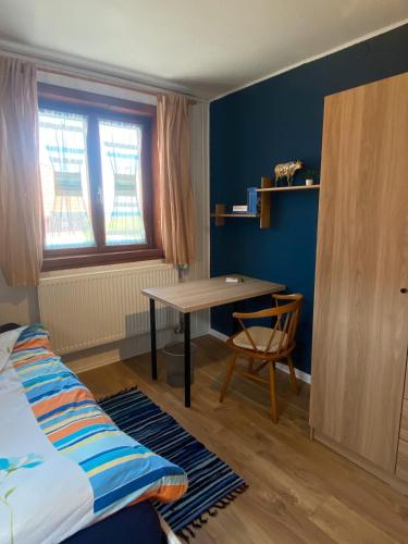 a bedroom with a bed and a table and a desk at Hofgut Homboll in Hilzingen