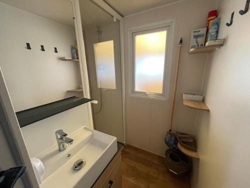 une salle de bain avec un lavabo et un miroir dans l'établissement Mobil Home Glycines 1, à Valras-Plage