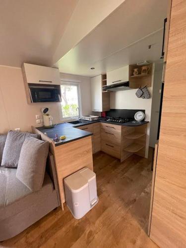 un salon avec un canapé et une cuisine dans l'établissement Mobil Home Glycines 1, à Valras-Plage