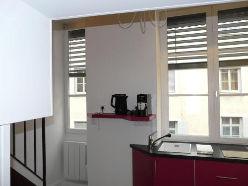a kitchen with two windows and a kitchen sink at Le 12 Pierres - Croix-Rousse - Cosy & Design in Lyon