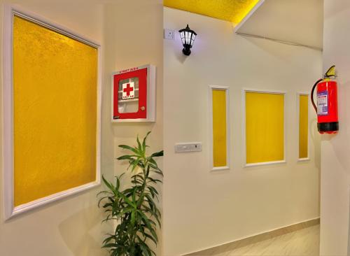 a hallway with yellow and white walls and a plant at The First Floor I Top Rated Boutique Homestay I Near Lekhraj Metro Lucknow in Lucknow