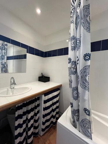 une salle de bain avec un lavabo et un rideau de douche dans l'établissement Appartement avec terrasse, à Arles