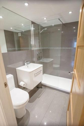 a bathroom with a toilet and a shower and a sink at Superb 2 bedroom town apartment, quiet location in Harrogate