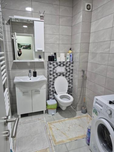 a bathroom with a toilet and a sink and a washing machine at Apartman Aura in Travnik