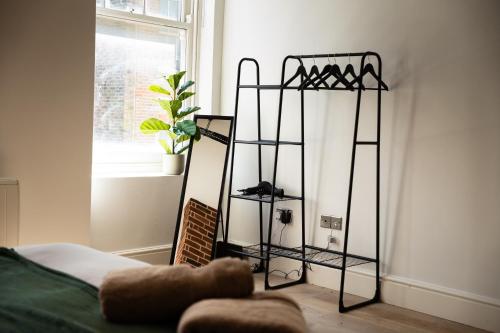 a black shelf in a room with a plant at Chic Brighton Studio in Brighton & Hove
