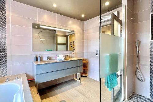 une salle de bain avec un lavabo et une douche dans l'établissement Villa La Dauphine, à Fréjus
