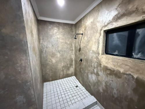 a bathroom with a shower and a window at Swaelkrans Private Hunting Reserve - Delta Lodge in Bothaville