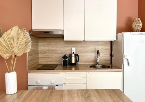 une cuisine avec des armoires blanches, un évier et un réfrigérateur dans l'établissement Cozy Studio, Terrace and Beach, à Toulon