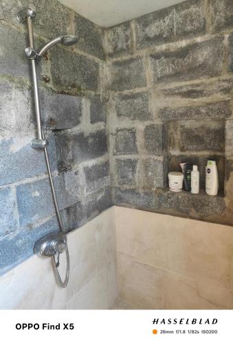 a shower in a bathroom with a brick wall at Bohemian Bell Tent in Kinvara County Galway in Kinvara