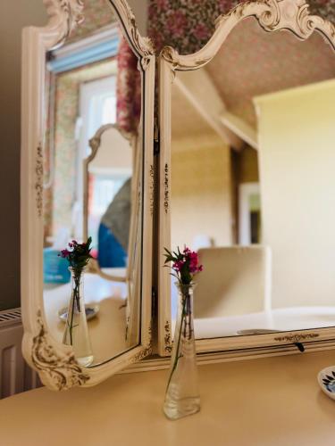 two vases with flowers sitting on a table in front of a mirror at Pentre Cerrig Country House in Llanferres