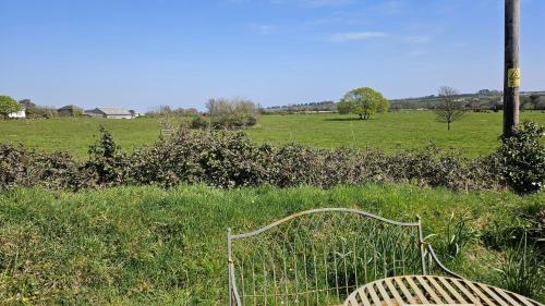 a chair sitting in the grass in a field at Sophie's Cottage in Philleigh