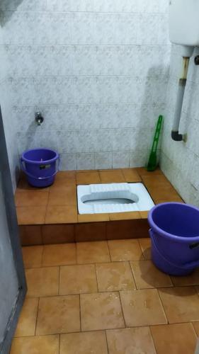 a bathroom with two blue bowls on a wooden floor at Adb's Srirangam Homes in Tiruchchirāppalli