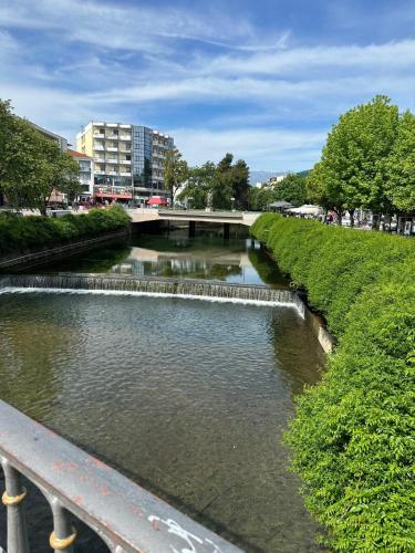 a river with a bridge in a city at Schöne Suite in Trikala Grichenland in Pýrgos