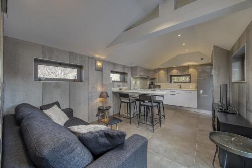 un salon avec un canapé et une cuisine dans l'établissement Le pigeonnier, à Menthon-Saint-Bernard
