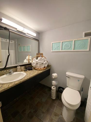 a bathroom with a toilet and a sink and a mirror at Laidback n Lazy at Landmark Resort in Myrtle Beach