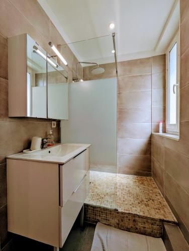 une salle de bain avec un lavabo et une douche dans l'établissement Chic studio Paris - Asnières, à Asnières-sur-Seine