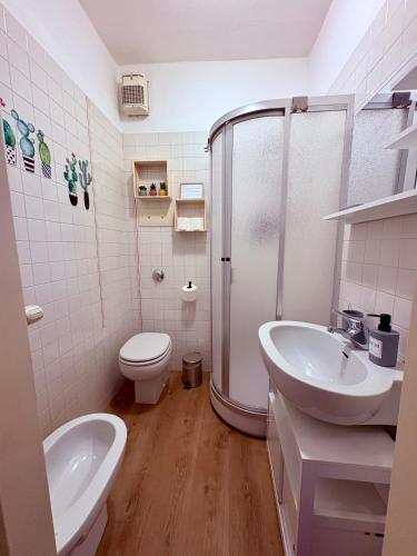 a bathroom with a shower and a toilet and a sink at Lecco via Roma in Lecco