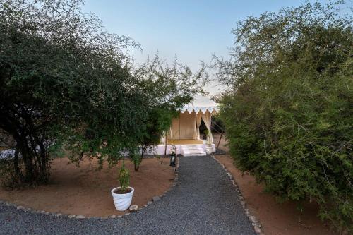 a garden with a house and a potted plant at Jawai Vilas in Mori Bera