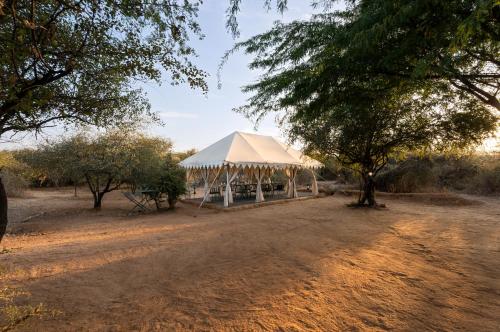 a tent in the middle of a field at Jawai Vilas in Mori Bera