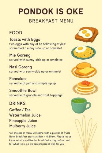 a poster with a breakfast menu with pancakes and a cup of coffee at Pondok Is Oke Luxury bunggalow in Banyuwangi