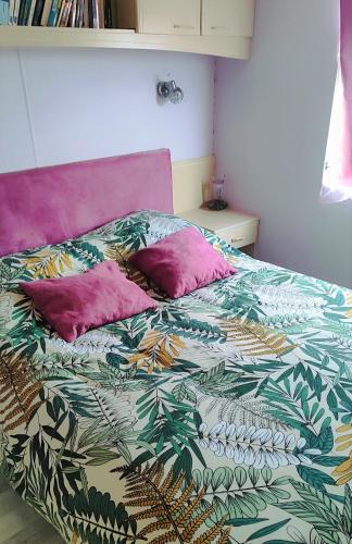 - un lit avec 2 oreillers roses dans l'établissement Le Pré Vert - Hébergement pour 6 personnes, à Campigny