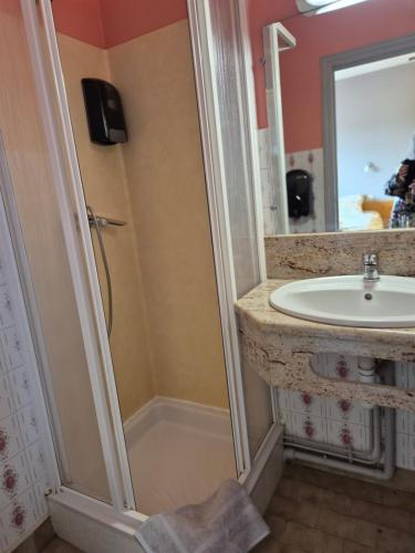 a bathroom with a shower and a sink at Gîte Bîn Vendüd Châ Nous in Le Monastier sur Gazeille