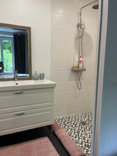 a bathroom with a sink and a mirror at Le jardin Chamberlin, Maison d'hôtes in Savigny-sur-Orge